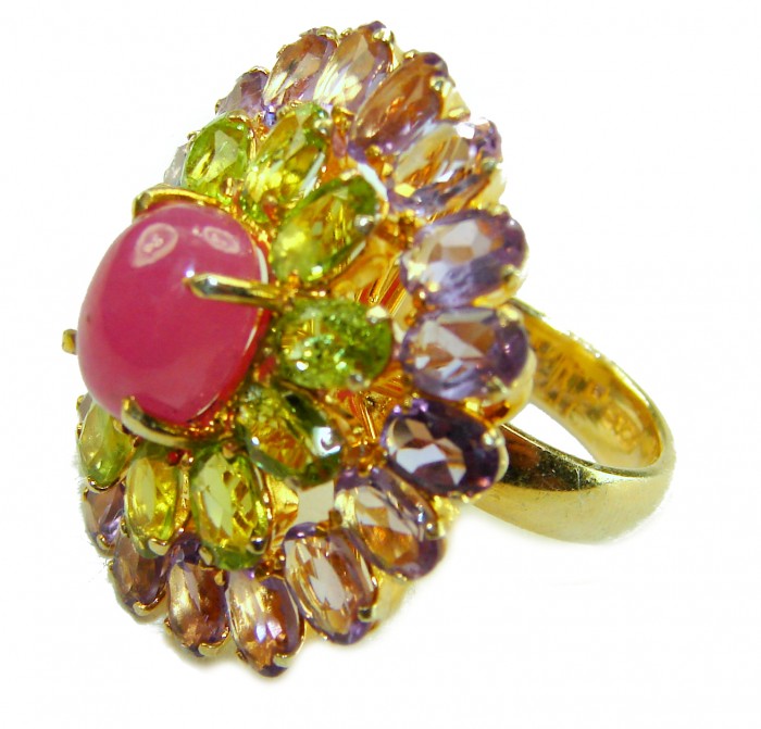 Bella Rosa Natural 25.4 carat Pink Ruby .925 Sterling Silver dipped in 14K Gold handmade Statement Ring size 6 - Side view of Bella Rosa pink ruby ring with colorful gemstones.