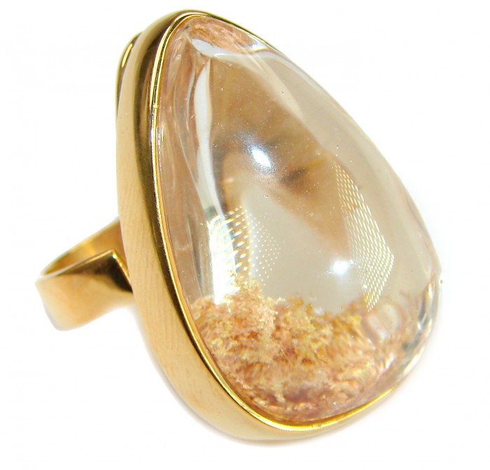 The best quality genuine 26.5 carat Phantom Quartz 18K Gold over .925 Sterling Silver handmade Statement Ring s. 8 adjustable - Side view of 26.5 carat Phantom Quartz ring in 18K gold setting.