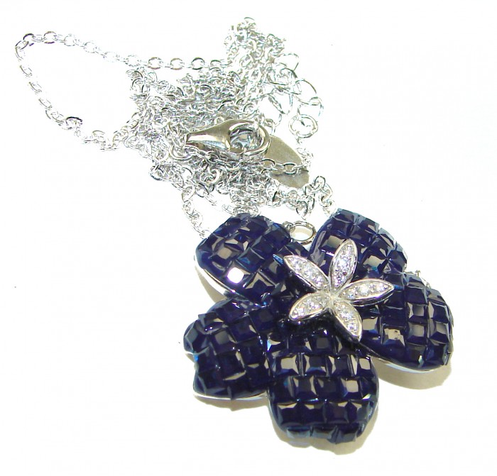 Blue Flower 19.2 carat natural Sapphire .925 Sterling Silver handcrafted Necklace - Blue flower sapphire pendant with chain, angle showing front detail.