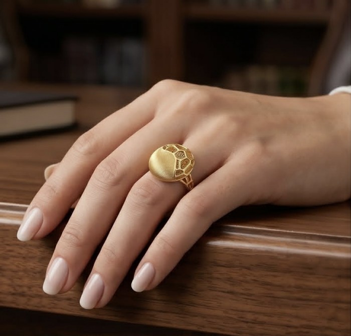 Dubai Style .925 Sterling Silver dipped in 22K Gold handmade Large ring size 7 1/4 - Dubai Style gold ring on hand, top view displaying intricate design.