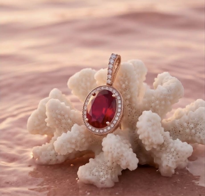 Giovanna Natural 20.8 carat Red Topaz .925 Sterling Silver handcrafted Statement pendant - Red topaz pendant on coral in sunset, close-up view
