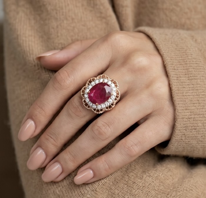 Blooming Rose Natural 18.8 carat Mozambique Ruby 22 Rose Gold .925 Sterling Silver handmade Statement Ring size 5 1/4 - Ruby ring worn on hand, showcasing large central stone and intricate setting.