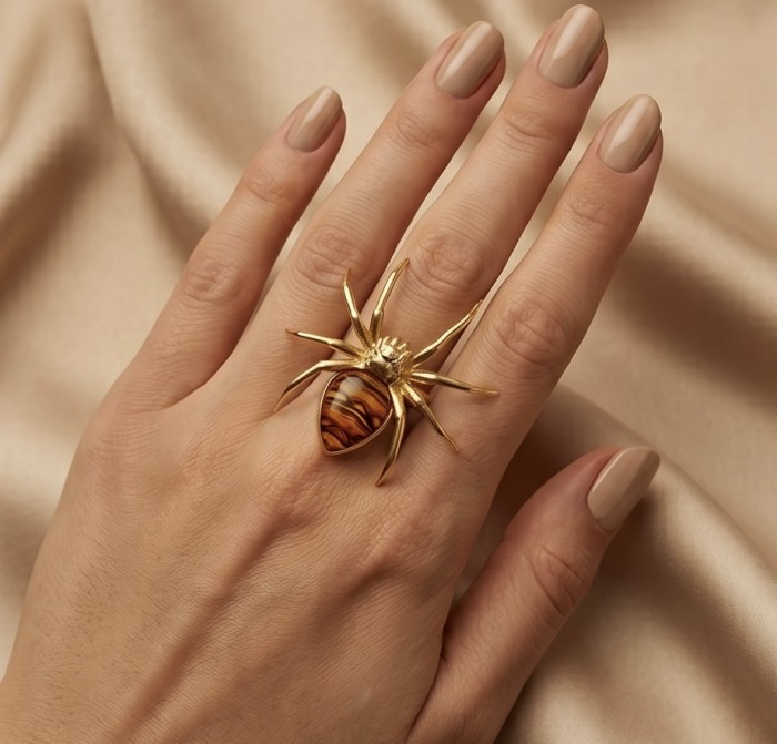 LARGE Golden Spider Authentic Baltic Amber .925 Sterling Silver dipped in 18K Gold handcrafted ring; s. 8 adjustable - Golden spider ring with Baltic amber, worn on hand.