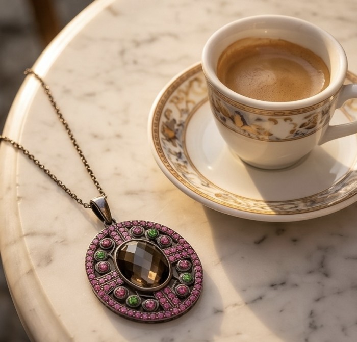 Authentic 9.5 carat carved Smoky Topaz black rhodium over .925 Sterling Silver handmade Statement Pendant - Smoky Topaz pendant on table with coffee, top view.