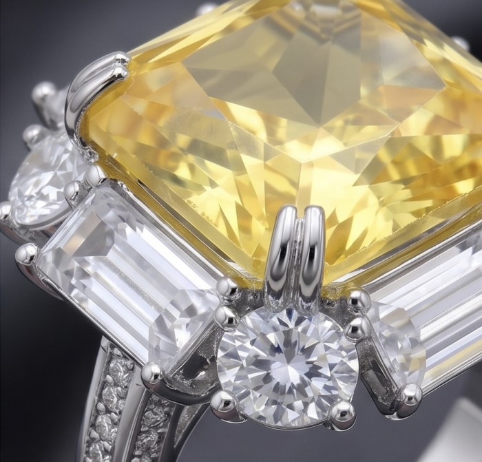 Art Deco - Luxurious assher cut 15.7 carat Yellow Sapphire 18K Gold over .925 Sterling Silver handcrafted Ring s. 7 1/2 - Close-up of intricate ring with 15.7 carat yellow sapphire centerpiece.