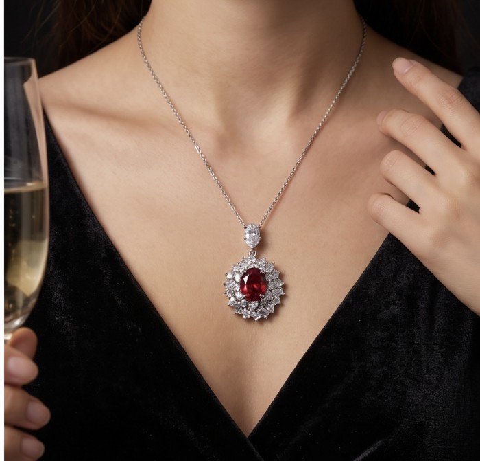 Luxurious 9.9 carat natural Mozambique Ruby .925 Sterling Silver .925 Sterling Silver Statement Necklace - Ruby necklace close-up worn by a person holding a champagne glass