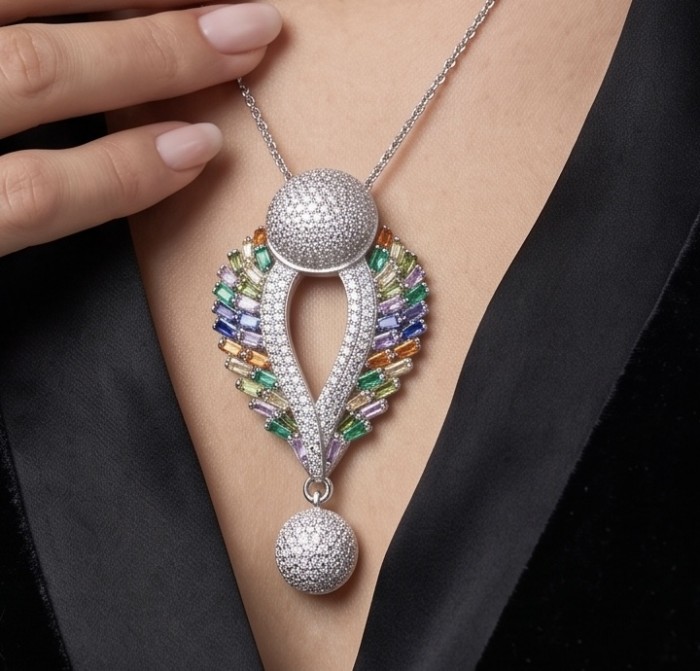 Julietta - Excellent quality 11.9 carat Multigem rhodium over .925 Sterling Silver handcrafted Pendant - Multigem rhodium necklace worn on neck, showcasing detailed design.