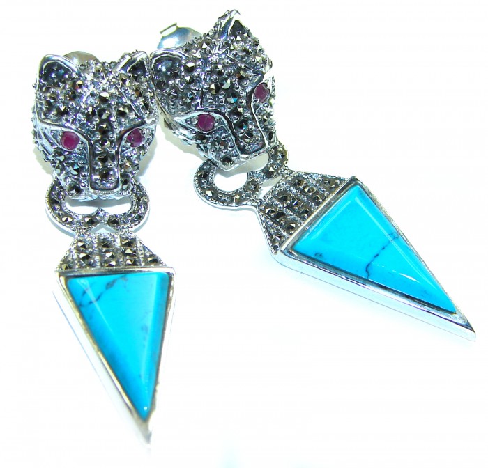 Spectacular Blue Panthers inlay Turquoise .925 Sterling Silver handcrafted Earrings - photo 2