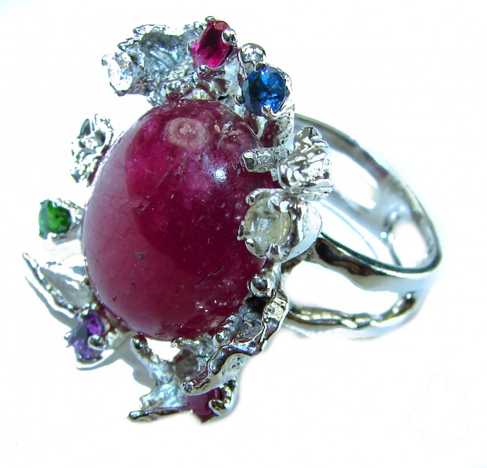 Large - Crimson red - natural 28.5 carat Star Ruby .925 Sterling Silver handmade Statement Ring size 8 1/4 - photo 2