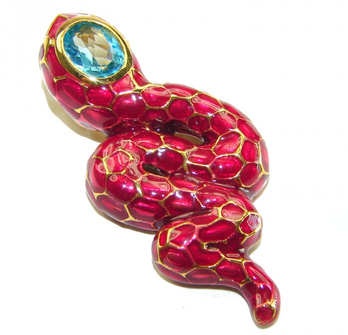INCREDIBLE Natural Ruby Enamel Snake 14K Gold over .925 Sterling Silver Pendant - Ruby enamel snake brooch with gold, side view showing blue gemstone eye.