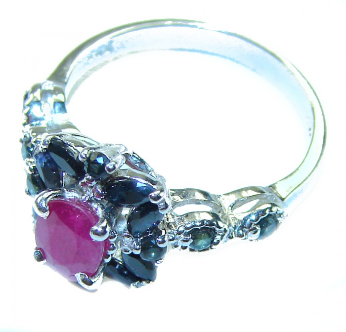 Extravaganza Authentic 1.3 carat Ruby Sapphire .925 Sterling Silver handmade Cocktail Ring s. 7 - Side view of 1.3 carat ruby sapphire sterling silver ring.