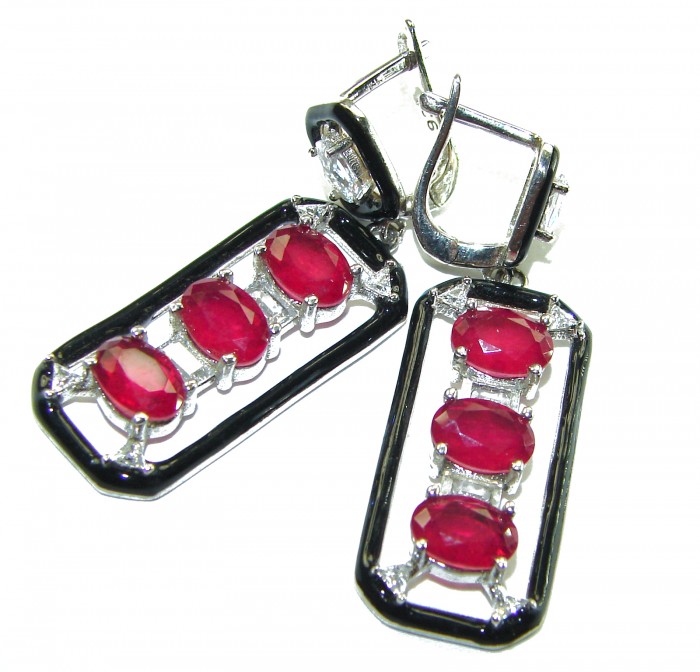 Art Deco 11.2 carat Ruby black enamel .925 Sterling Silver handcrafted earrings - Art Deco ruby earrings with black enamel, front view close-up.