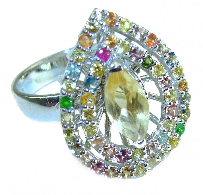 Authentic 17.5 carat Yellow Sapphire .925 Sterling Silver brilliantly handcrafted Statement ring s. 7 - Close-up of yellow sapphire ring with colorful stones in sterling silver