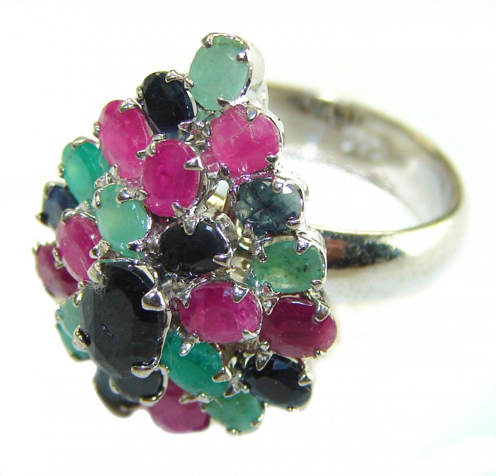 Precious 12.9 CARAT Ruby Sapphire Emerald .925 Sterling Silver Statement HUGE Ring s. 8 - Cluster gemstone ring close-up with rubies, sapphires, emeralds.