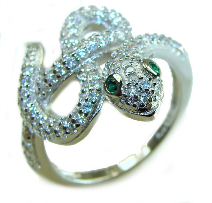 Precious Boa Snake Genuine Emerald Sapphire .925 Sterling Silver handcrafted Ring s. 7 - Snake ring close-up with emerald eyes and sapphire details.
