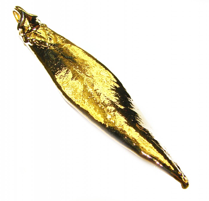 Natural Leaf .925 Sterling Silver dipped in real 10k Gold handmade pendant - Side view of gold-dipped sterling silver natural leaf pendant