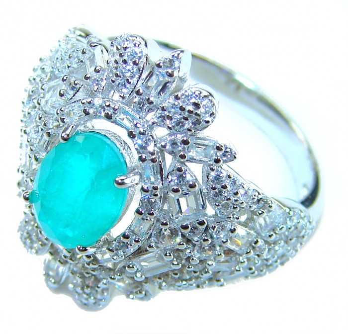 Vintage style - Timless Beauty 6.5 carat Emerald .925 Sterling Silver handcrafted Statement ring size 6 1/4 - Emerald ring side view, vintage style, detailed with diamonds.