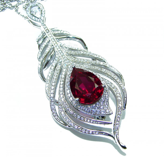 Magic Feather 10.2 carat Ruby .925 Sterling Silver .925 Sterling Silver Statement Necklace - Close-up of Magic Feather Ruby in sterling silver setting.