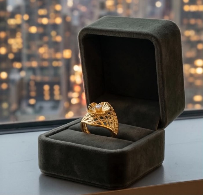 Dubai Style 0.7 CARAT White Topaz .925 Sterling Silver dipped in 22K Gold handmade ring size 8 - Gold ring with white topaz in open box, city lights background.