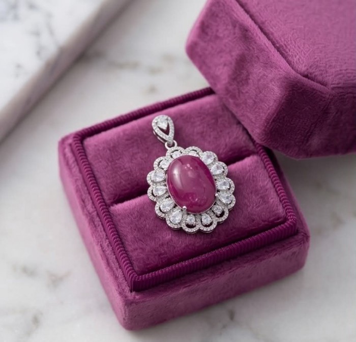 Rare 16.2 carat authentic Star Ruby rhodium over .925 Sterling Silver handmade Statement Pendant - Star Ruby pendant in rhodium over .925 silver in hinged box, top view