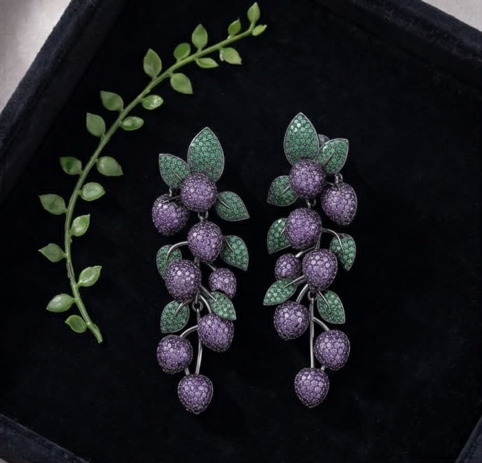 Summer Garden authentic 24.2 carat Amethyst Chrome Diopside .925 Sterling Silver dipped in black rhodium handcrafted earrings - Earrings with amethyst and diopside, front view in black box.