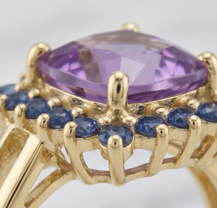 Julietta 5.5 carat Amethyst Sapphire 18K Gold over .925 Sterling Silver HANDCRAFTED Ring s. 8 - Close-up of amethyst and sapphire ring in 18K gold setting