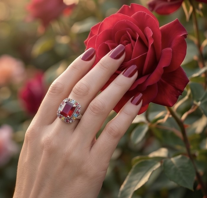 Rose Garden Natural 12.8 carat Ruby multicolor Sapphire .925 Sterling Silver dipped rhodium handmade Statement Ring size 7 1/4 - Ruby and sapphire ring worn on hand, with a red rose in the background.