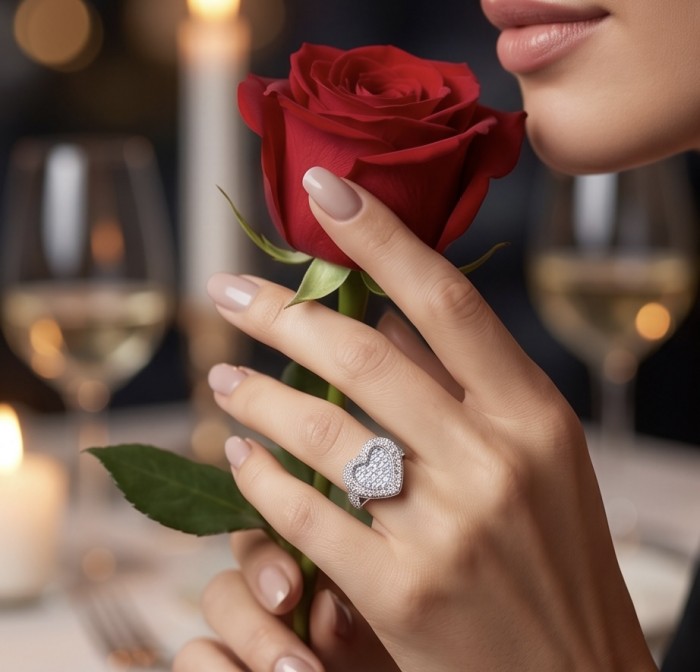 Art Deco Precious Heart - 10.5 carat White Sapphire .925 Sterling Silver Handcrafted Statement Ring size 7 1/2 - Heart-shaped white sapphire ring worn on hand holding red rose.