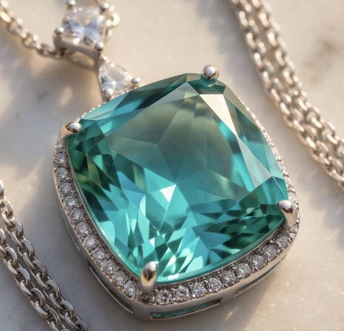 Brazilian's Briliance - emerald cut 31.7 carat Paraiba Tourmaline .925 Sterling Silver handcrafted necklace - Close-up of emerald cut 31.7 carat Paraiba Tourmaline necklace