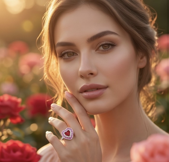 Art deco - My Sweet Heart Natural 4.8 carat Mozambique Ruby .925 Sterling Silver Handcrafted Cocktail Ring s. 7 1/2 - Woman wearing heart-shaped ruby ring in a rose garden, close-up view.