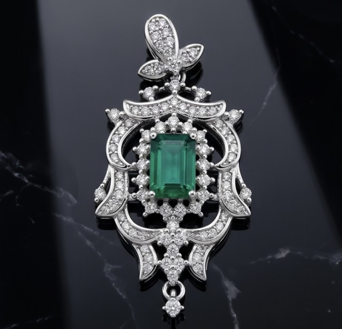 Luxurious victorian style 2.5 carat Emerald .925 Sterling Silver handmade Pendant - Victorian style emerald pendant, front view, detailed design on black.