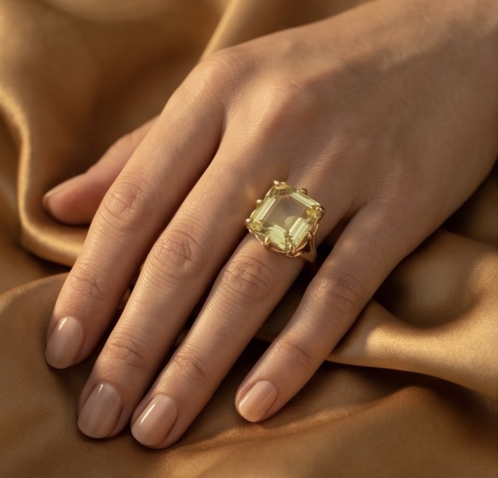 Authentic princess cut 10.8 carat Lemon Quartz 22K Gold over .925 Sterling Silver handmade Ring s. 7 - Lemon Quartz ring worn on hand, gold band, close-up view.