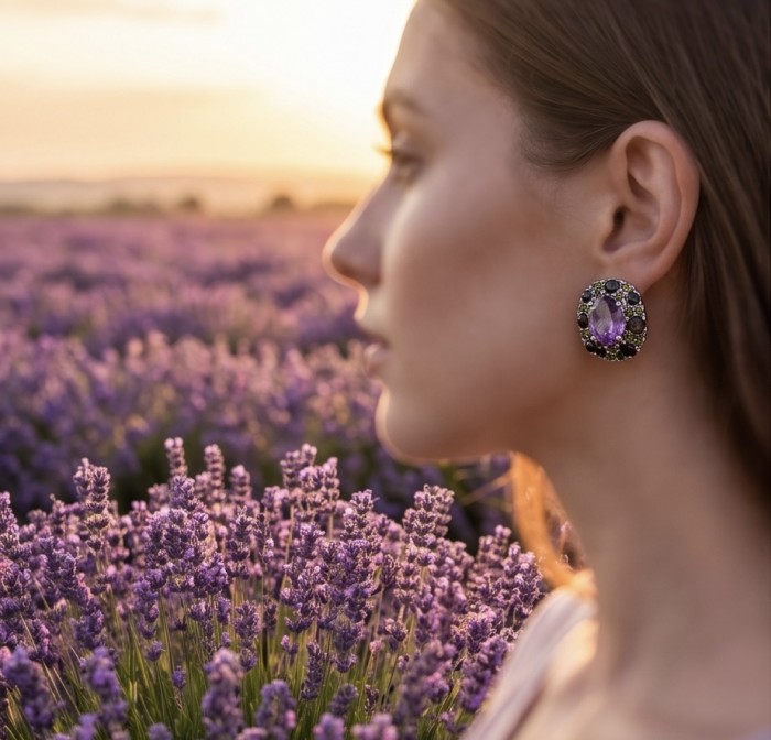 Francesca Genuine 8.9 carat Brazilian Amethyst rhodium over .925 Sterling Silver handcrafted Statement handcrafted earrings - Side view of amethyst earring worn, set in lavender field at sunset.