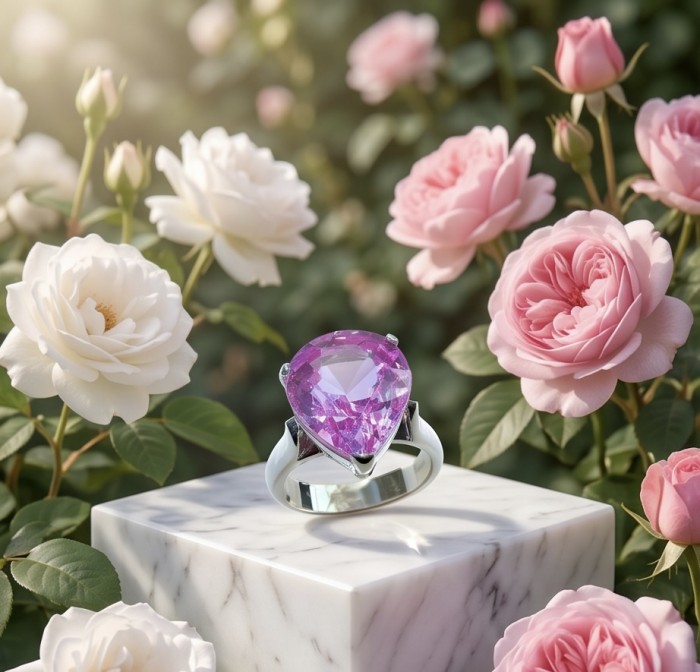 Tiffany - authentic pear cut 14.5 carat Pink Sapphire .925 Sterling Silver Handcrafted Statement Ring size 9 - Pink sapphire ring on marble with roses; stone close-up.