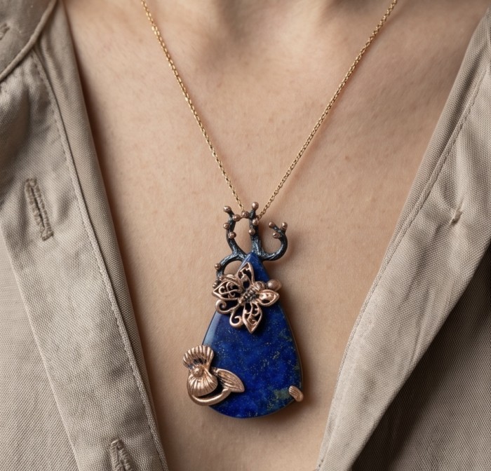Magic Aurora Lapis Lazuli 14K Rose Gold .925 Sterling Silver handcrafted Pendant - Pendant necklace worn, featuring lapis lazuli and rose gold designs.