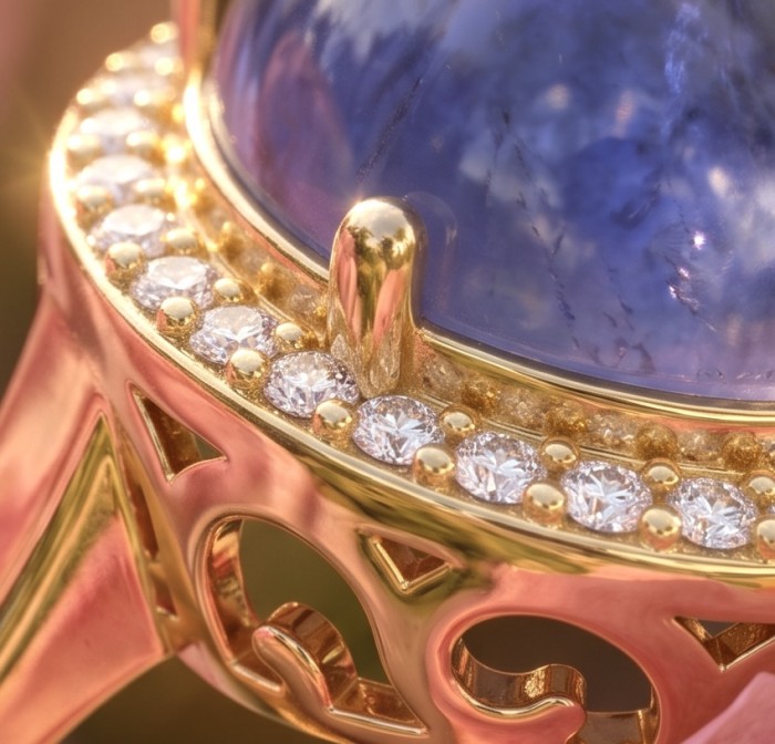 Precious Design round cut 12.9 CARAT Tanzanite 22K Gold over .925 Sterling Silver Statement Ring s. 6 1/4 - Close-up of Tanzanite and diamond details in 22K gold setting.