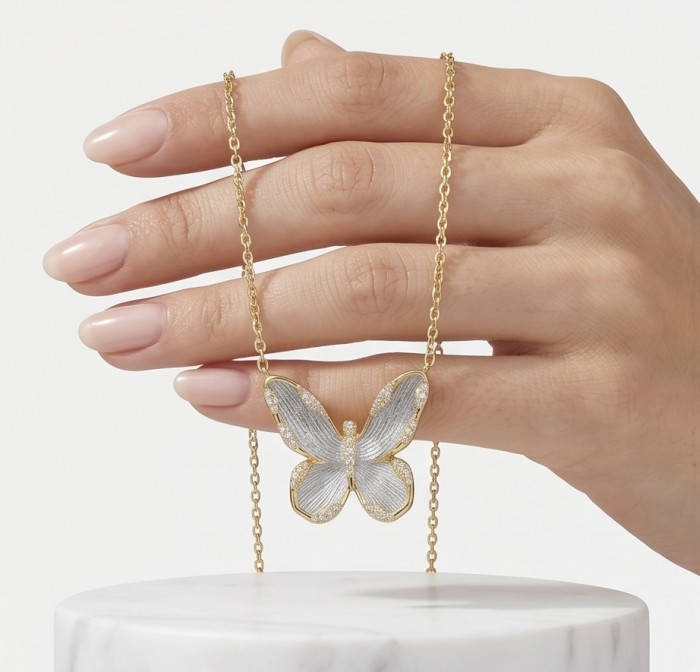Golden Butterfly White Topaz highly polished 18K Gold over .925 Sterling Silver Italy made necklace - Butterfly necklace, side view, 18K gold with white topaz details on hand
