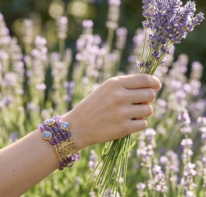 Baroque Style Beauty 39.5 carat Amethyst 14K Gold over .925 Sterling Silver handcrafted Bracelet - Amethyst bracelet on hand holding lavender, close-up view.