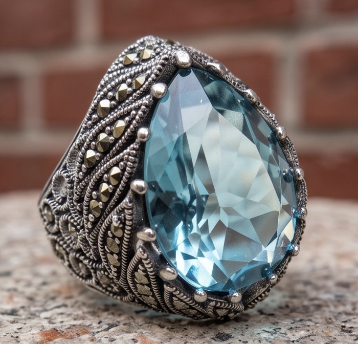 Massive Deep Blue 18.8 carat Aquamarine Marcasite .925 Sterling Silver handcrafted ring size 9 - Close-up of aquamarine ring with ornate marcasite details