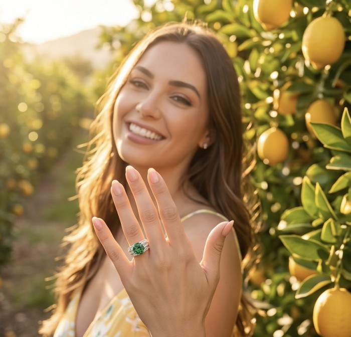 Natural 7.4 carat Tsavorite Garnet .925 Sterling Silver handmade Statement Ring size 7 1/4 - Woman displaying 7.4 carat Tsavorite Garnet ring in lemon orchard.