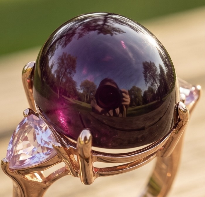 Cherry-Pick Natural 28.4 carat Mozambique Ruby .925 Sterling Silver dipped in 22K Gold handmade Large Statement Ring size 7 1/2 - Stone close-up of Cherry-Pick 28.4 carat Mozambique Ruby ring.