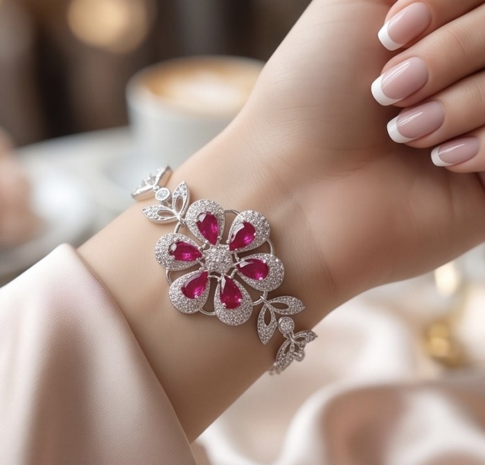 Izabella Luxurious natural 7.5 carat Ruby rhodium over .925 Sterling Silver handmade Bracelet - Ruby bracelet worn on wrist, showcasing floral design.