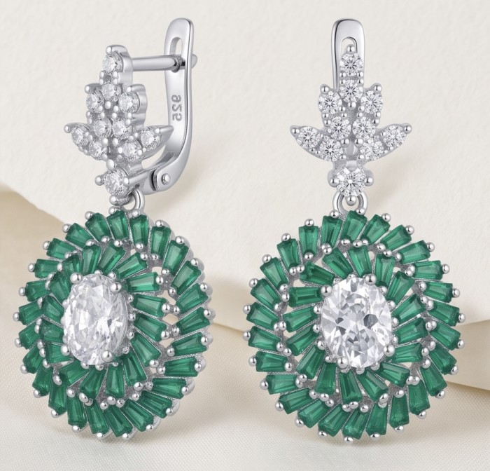 Estelle - Authentic 4.9 carat COLOMBIAN EMERALD rhodium over .925 Sterling Silver handcrafted earrings - Close-up of Estelle Colombian emerald earrings with diamond accents.
