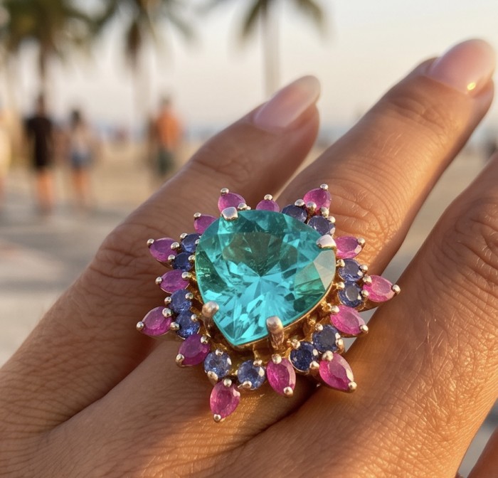 15.9 carat authentic Lime green Tourmaline 14K Gold over .925 Sterling Silver Handcrafted Statement Ring size 7 3/4 - Lime green Tourmaline ring close-up worn on hand, beach background