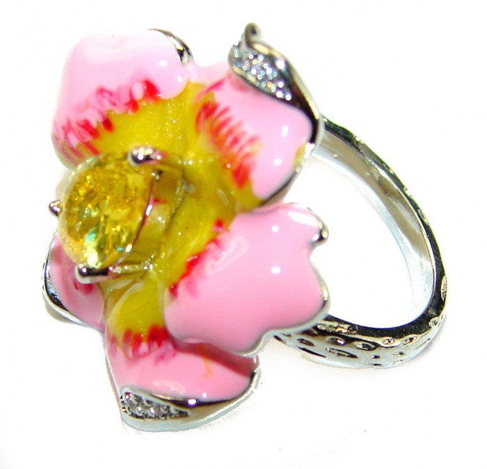 Art Deco Pink Flower Enamel 2.5 carat Citrine .925 Sterling Silver handmade Ring size 6 - Pink flower ring with citrine, top view, enamel on silver band.