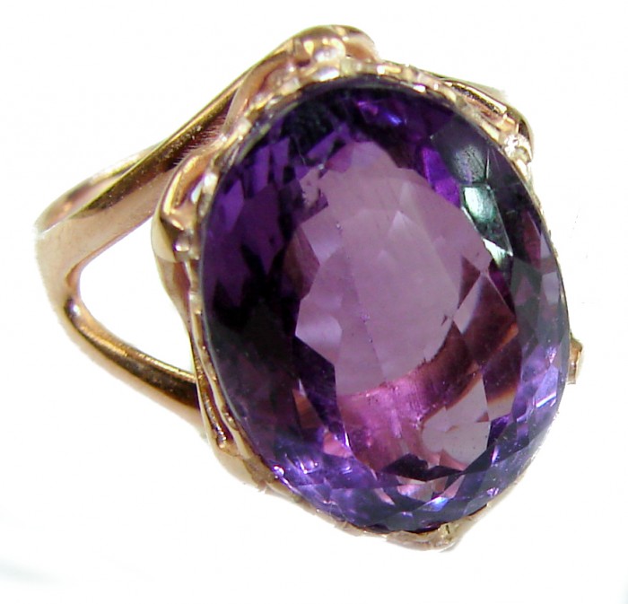 12.2 carat Amethyst 14K Rose Gold over .925 Sterling Silver Handcrafted Ring size 7 - Close-up of 12.2 carat amethyst ring in rose gold over sterling silver