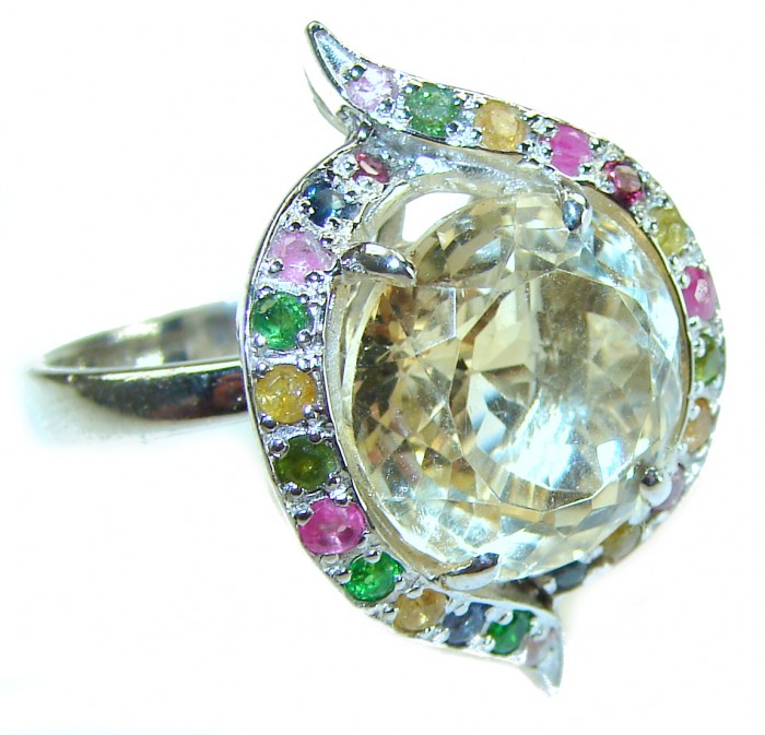 Splendid 8.5 carat Citrine multicolor Sapphire .925 Sterling Silver Handcrafted Statement ring size 8 - Citrine and multicolor sapphire ring, side view, sterling silver setting.