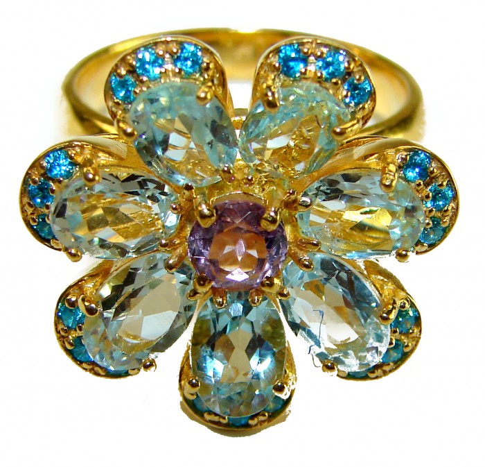 Blue Flower 12.8 carat Swiss Blue Topaz 14K Gold over .925 Sterling Silver handcrafted Large ring size 8 - Blue flower ring close-up with Swiss blue topaz in gold setting