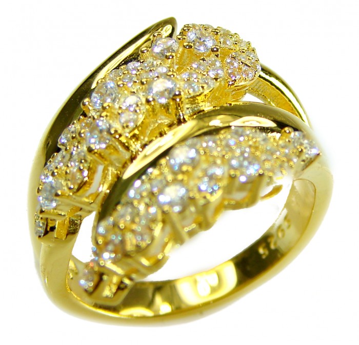 ELEGANT 4.8 carat White Topaz 14k Gold over .925 Sterling Silver brilliantly handcrafted ring s. 6 1/4 - Gold ring with white topaz stones, angled side view close-up.