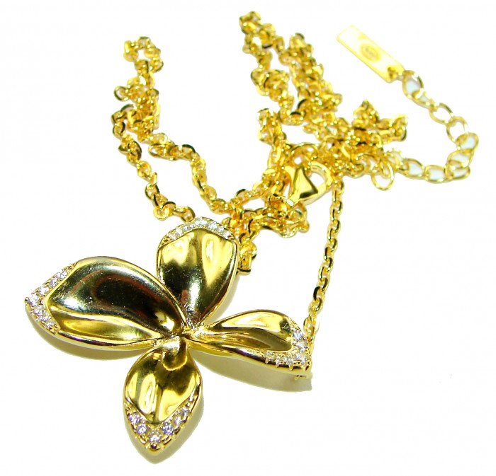 Lotus flower White Topaz highly polished 18K Gold over .925 Sterling Silver Italy made necklace - Gold Lotus flower pendant with chain, top-down view.